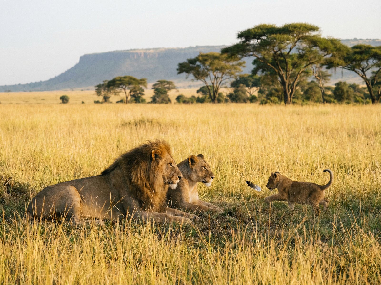 A family of lions resting in the tall yellow grass of the Serengeti plains with a cub playing nearby and soft morning light aspect ratio 4:3 no text style lifestyle photography