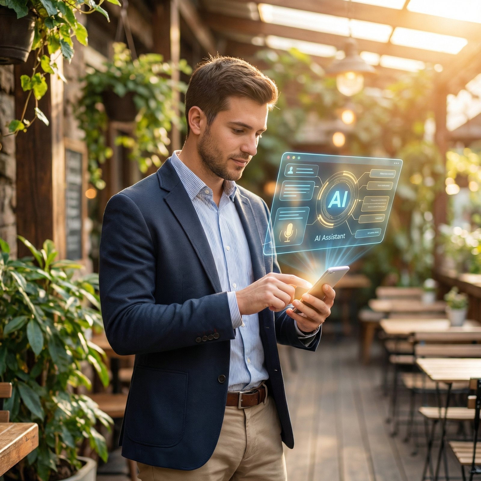 Lifestyle photography of a young professional person using a futuristic smartphone with a sophisticated holographic AI assistant interface glowing from the screen, warm lighting, natural setting, 1:1 aspect ratio, no text