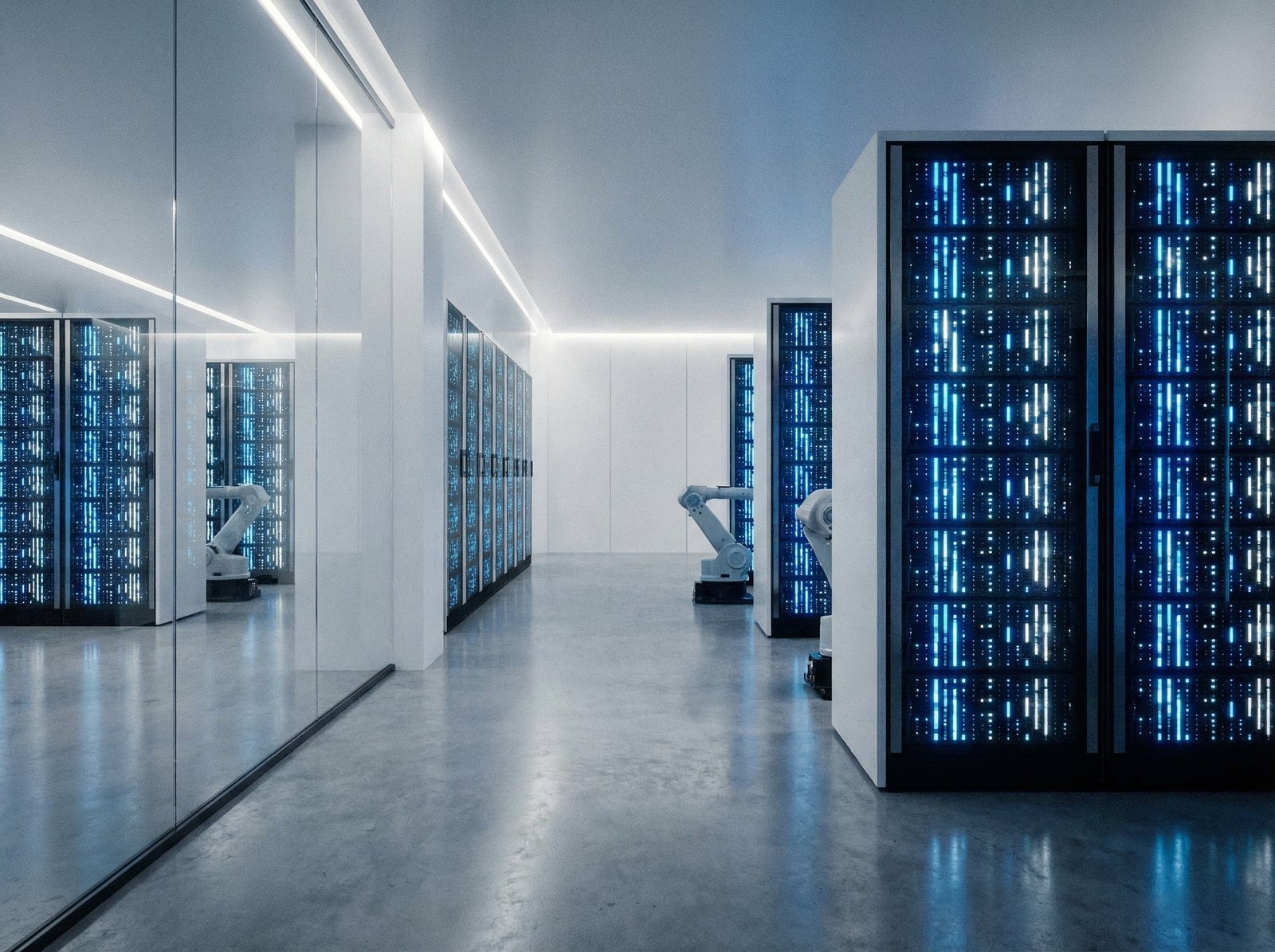 A futuristic and clean data center with glowing blue and white server racks, representing advanced cloud computing and AI infrastructure, modern layout, high contrast, 4:3 aspect ratio, no text
