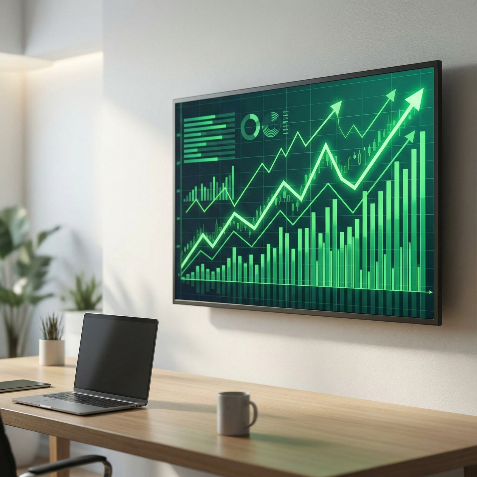 A professional business dashboard showing rising stock charts and financial data on a large screen, focused and clean composition, modern office atmosphere, 1:1 aspect ratio, no text