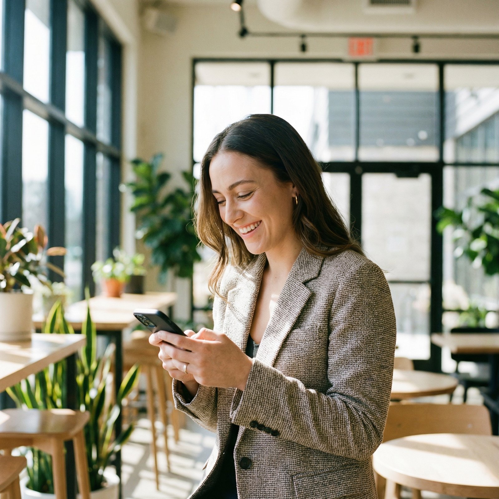 A young professional person holding a smartphone looking at the screen with a relieved and happy expression. The background is a bright modern cafe with soft natural lighting. Lifestyle photography, natural setting, 1:1 aspect ratio, no visible text.