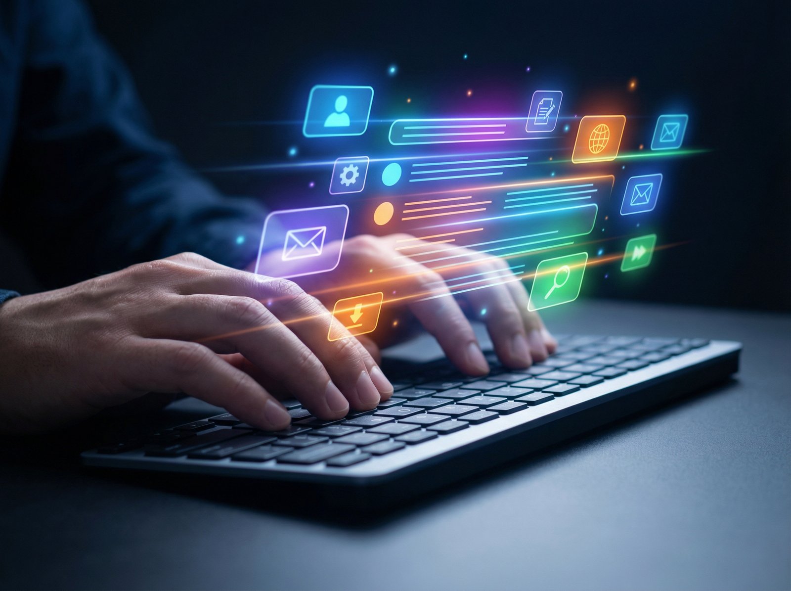 Close up of hands typing on a modern slim keyboard. Above the keyboard glowing holographic buttons suggest complete sentences for an email reply. Modern tech aesthetic, vibrant colors, 4:3 aspect ratio, no visible text.