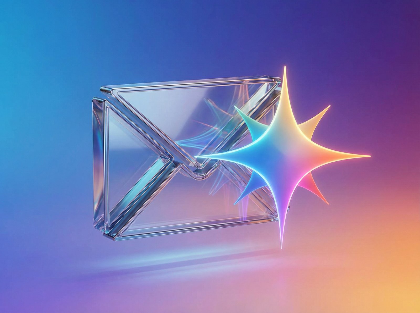 An abstract 3D illustration of the Gmail envelope icon merging with the glowing colorful star of the Google Gemini AI logo. Clean gradient background, high-tech and sophisticated look, 4:3 aspect ratio, no visible text.