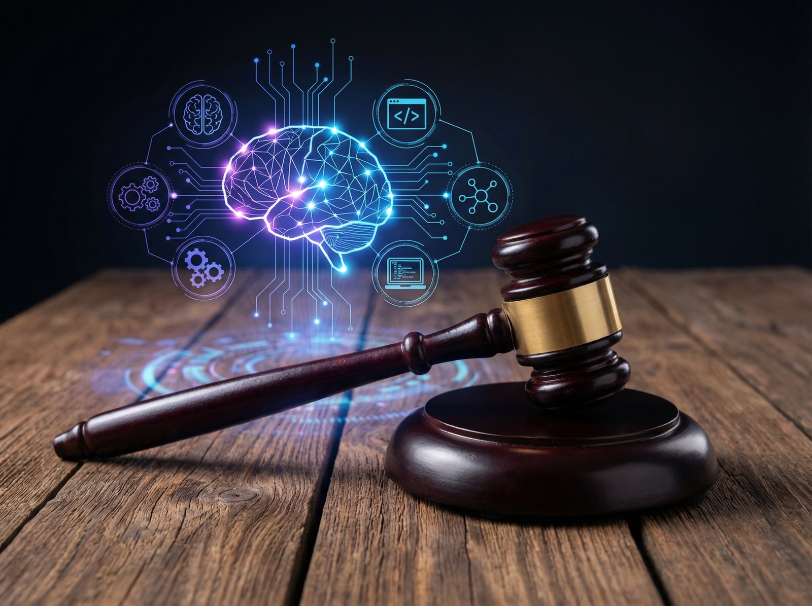 A professional legal gavel resting on a wooden desk with a futuristic digital neural network and artificial intelligence symbols glowing in the background, high contrast, modern layout, 4:3 aspect ratio, no text.