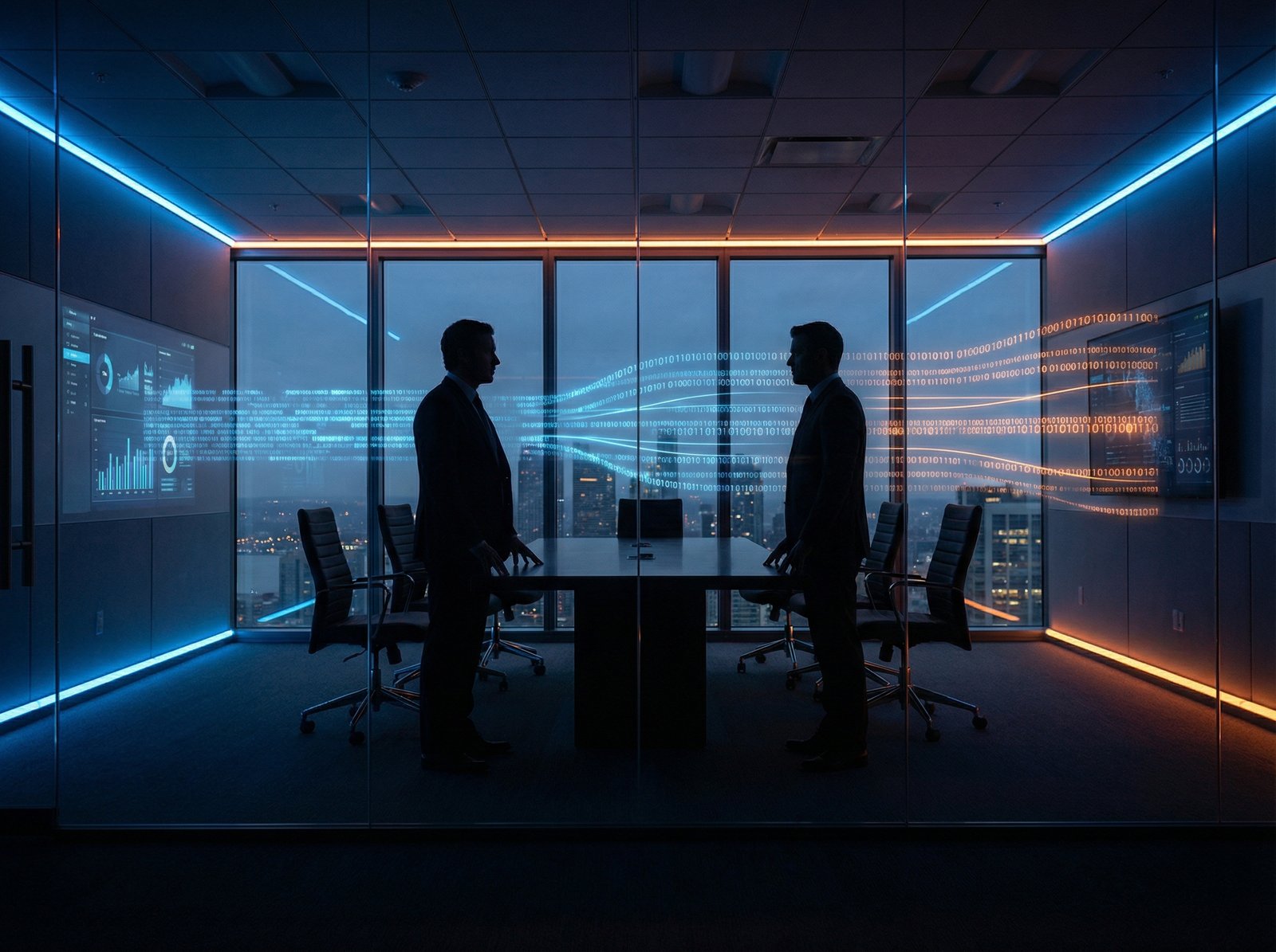Two powerful businessmen silhouettes facing each other in a high-tech office with blue and orange lighting, binary code and data flowing between them, dramatic atmosphere, 4:3 aspect ratio, no text.