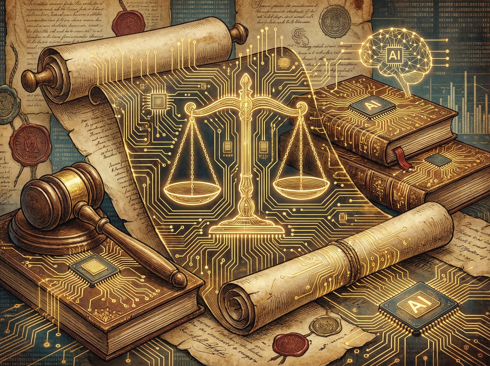 Detailed illustration of legal documents overlaid with golden circuit board patterns, symbolic of AI regulation and law, artistic rendering, textured background, 4:3 aspect ratio, no text.
