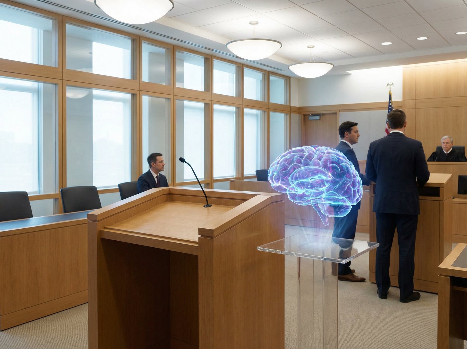 A modern courtroom setting with a glowing holographic AI brain sitting next to the witness stand, bright balanced lighting, professional photography style, 4:3 aspect ratio, no text.
