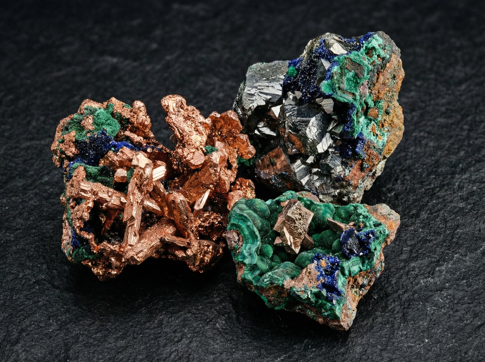 High-quality close-up photo of raw mineral ores including copper and germanium on a dark textured background, professional studio lighting, detailed mineral structures visible, 4:3 aspect ratio, no text