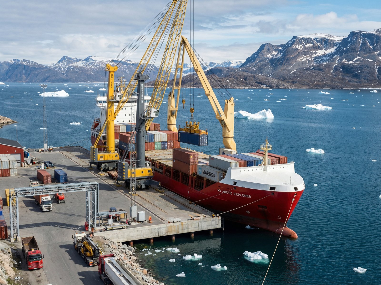 A large industrial cargo ship docked at a modern Greenlandic port surrounded by deep blue water and icebergs, cranes loading shipping containers, realistic industrial landscape, 4:3 aspect ratio, no text