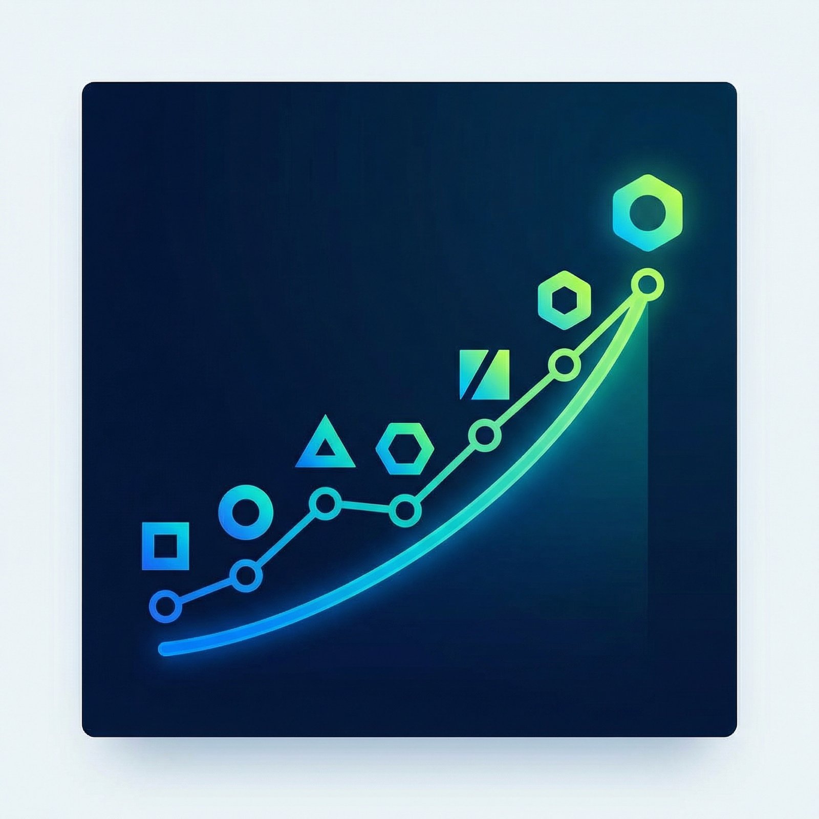 A clean and modern infographic style illustration showing a rising trend line across various company logos represented by simple geometric shapes, high contrast, vibrant blue and green tones, 1:1 aspect ratio, no text