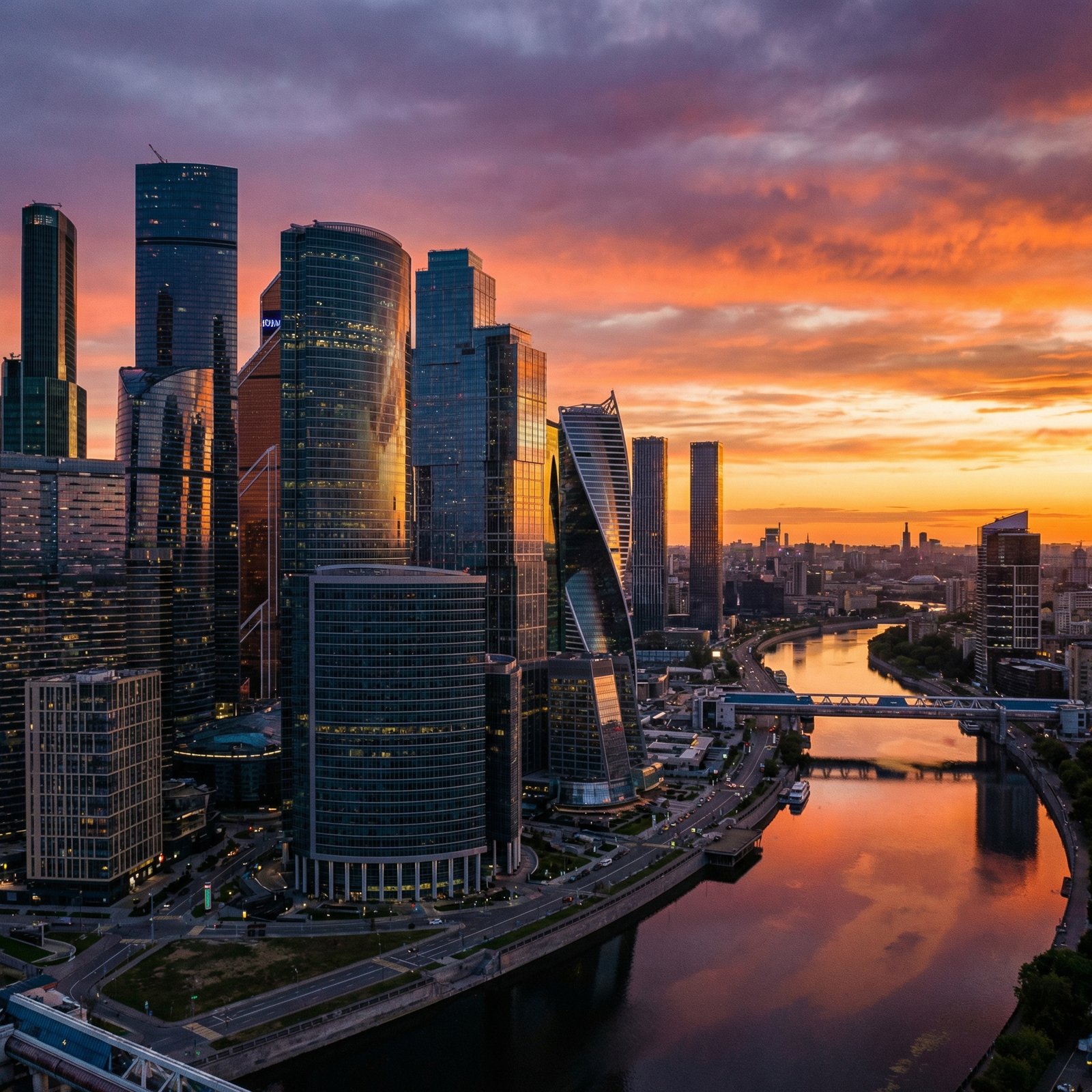 A breathtaking wide shot of a modern city skyline with glass skyscrapers reflecting the sunset, professional photography style, sharp focus, 1:1 aspect ratio, no text