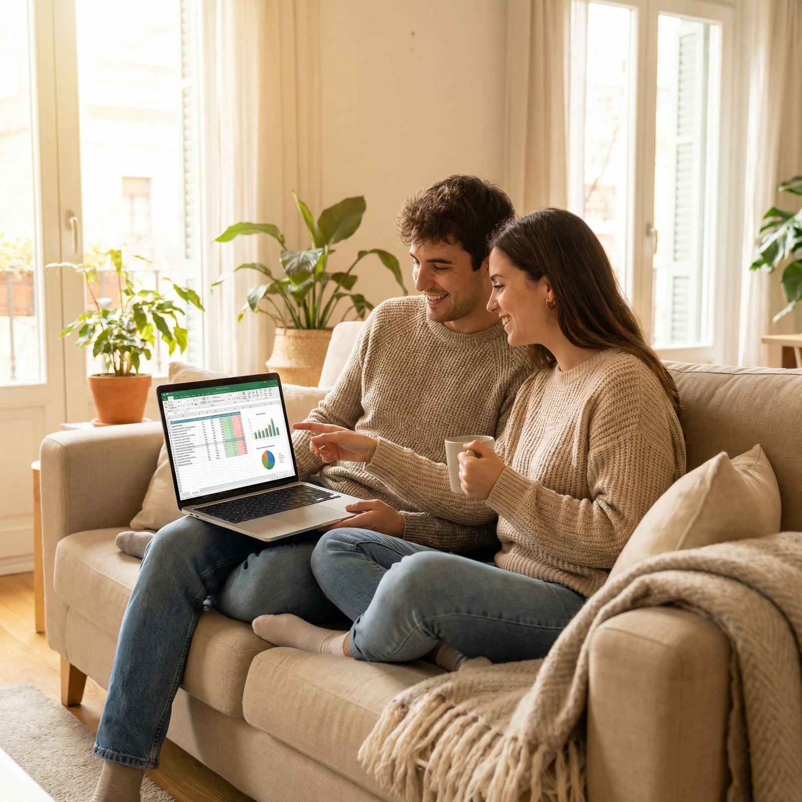 A young couple sitting in a bright sunlit living room discussing their financial plans on a laptop with smiles, atmosphere of security and happiness, lifestyle photography, 1:1 aspect ratio, no text