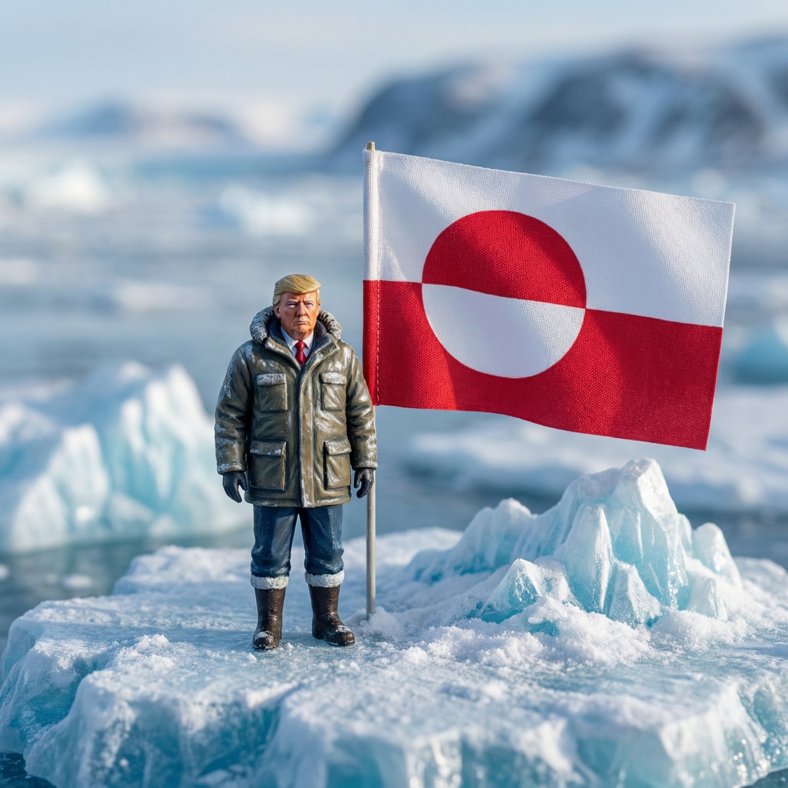 A 3D miniature model of Donald Trump standing next to a large Greenland flag on an icy landscape, high quality, 1:1, no text