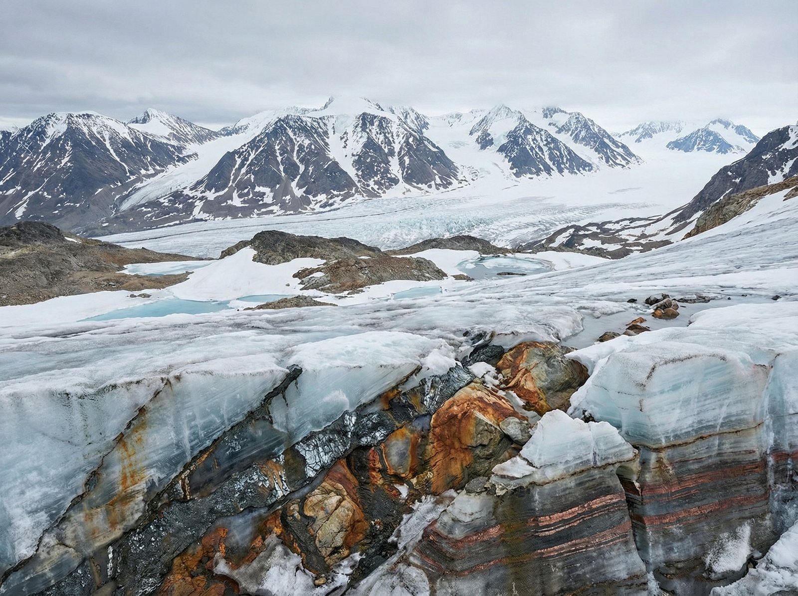 A wide angle view of Greenland icy mountains with a focus on mineral deposits and natural resources underneath the ice, realistic photography, 4:3, no text