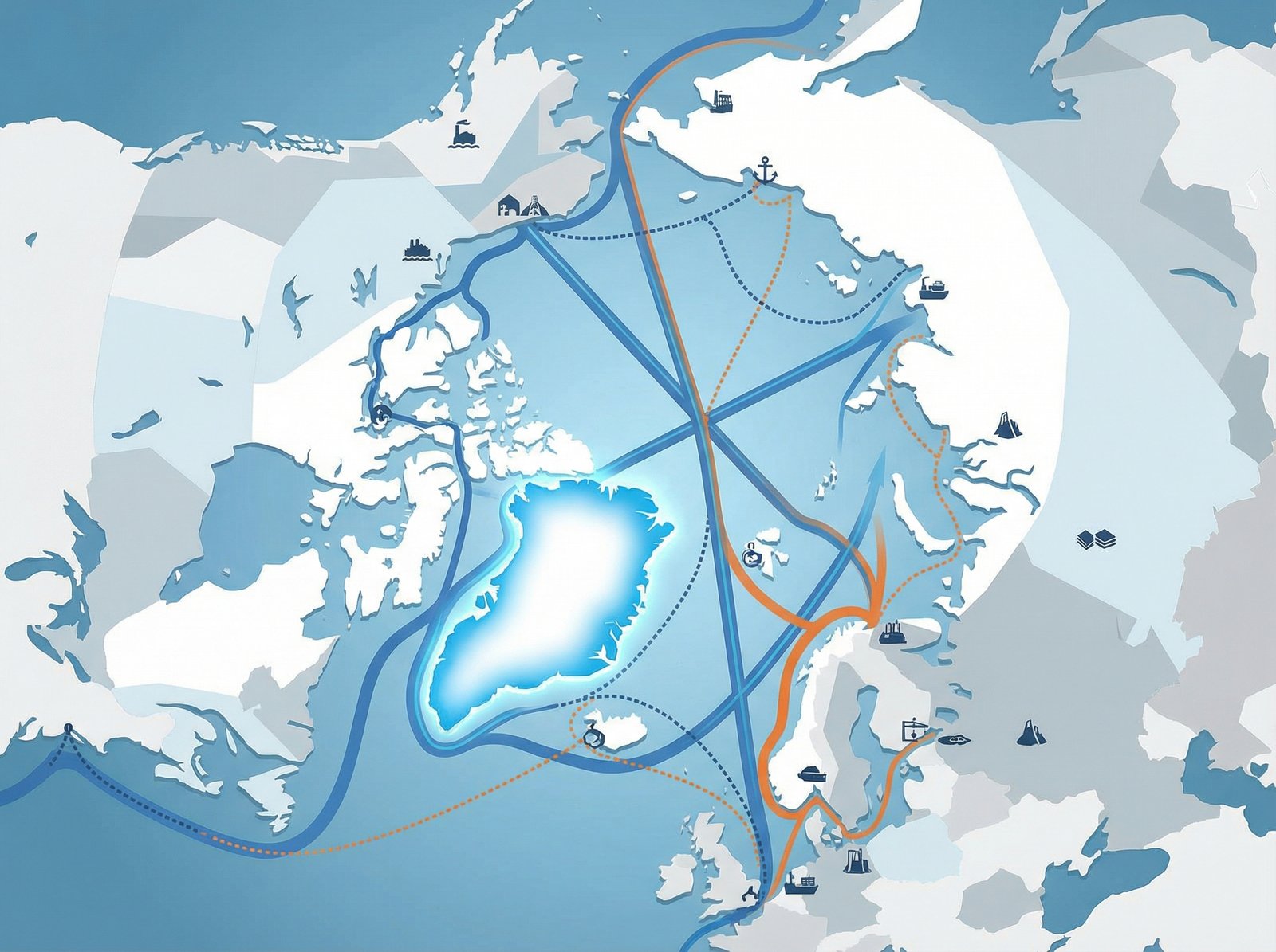 A strategic map-like illustration of the Arctic region showing shipping lanes and Greenland as a central hub, modern infographic style, 4:3, no text
