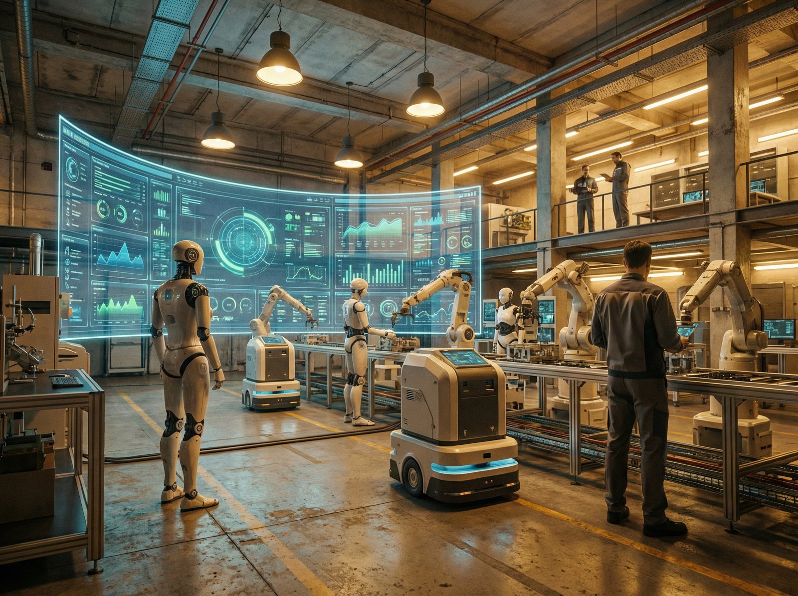 A realistic scene of a futuristic smart factory with autonomous robots and AI-driven machinery working together, digital twin interface glowing in the background, warm and professional lighting, 4:3 aspect ratio, no text.