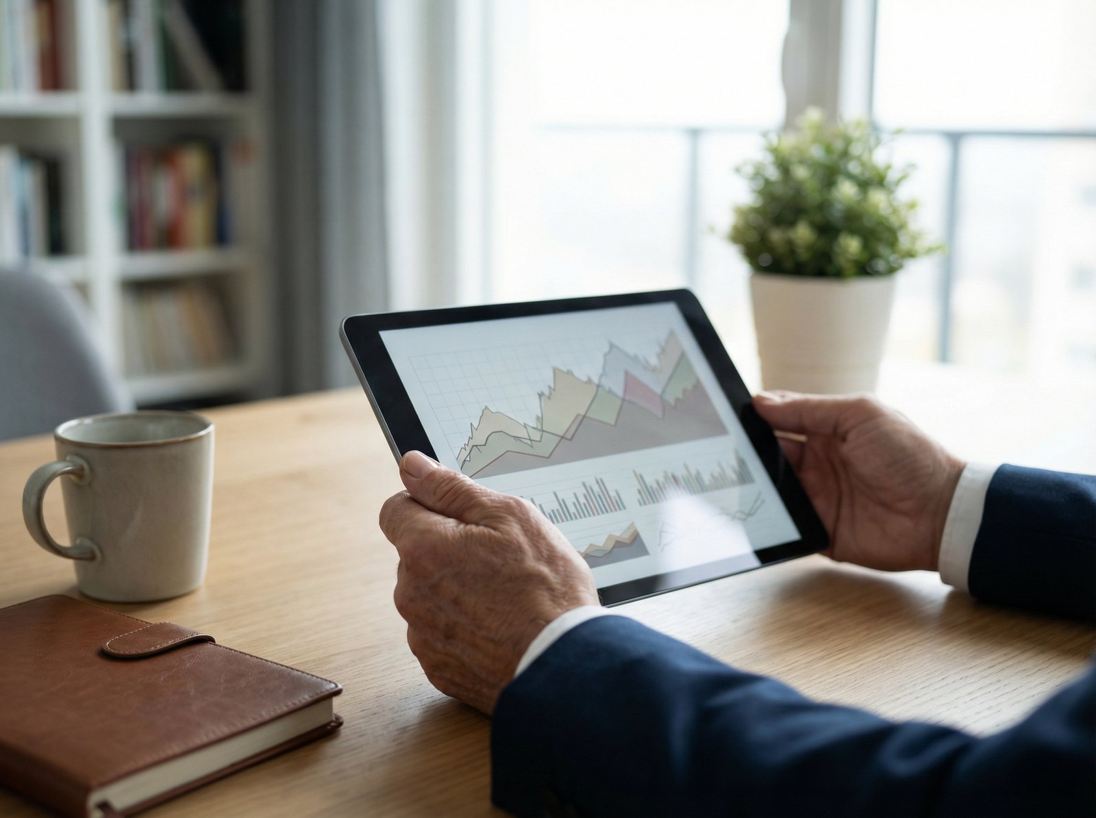 Close-up of a professional investor's hands using a tablet to analyze stock market trends, soft natural lighting, modern home office setting, 4:3 aspect ratio, no text.