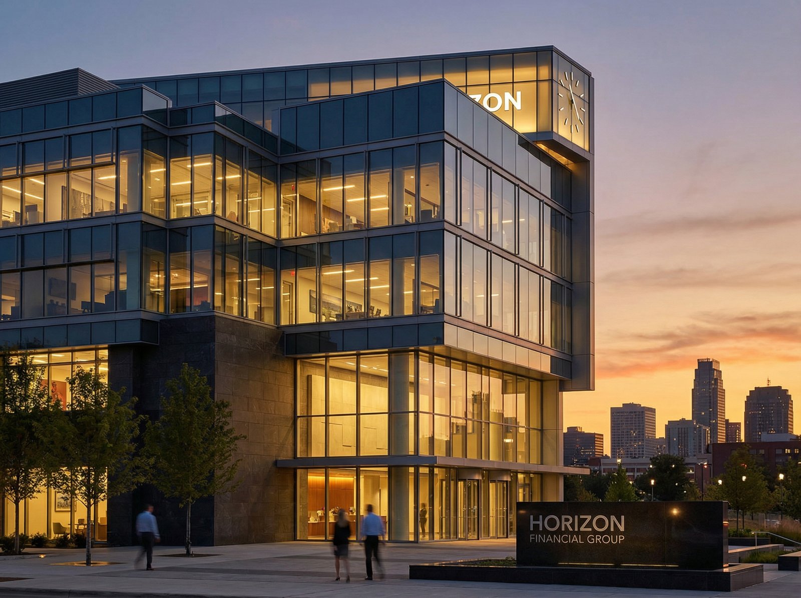 A high-quality realistic photo of a modern bank building exterior at dusk, golden hour lighting, symbolizing strength and reliability in the financial sector, 4:3 aspect ratio, no text