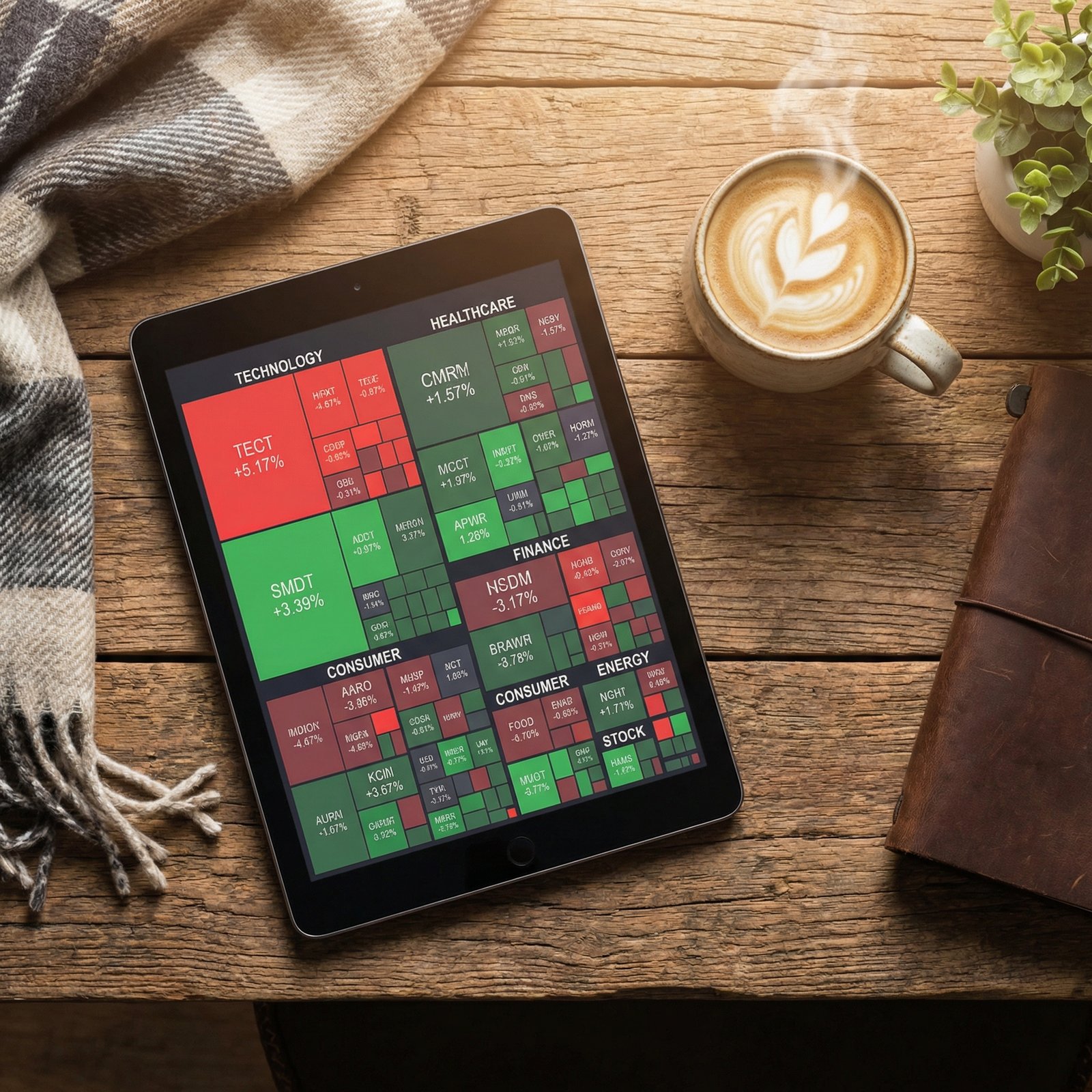 A top-down shot of a wooden office desk with a tablet showing various stock market sectors, a cup of coffee nearby, warm and inviting atmosphere, 1:1 aspect ratio, no text
