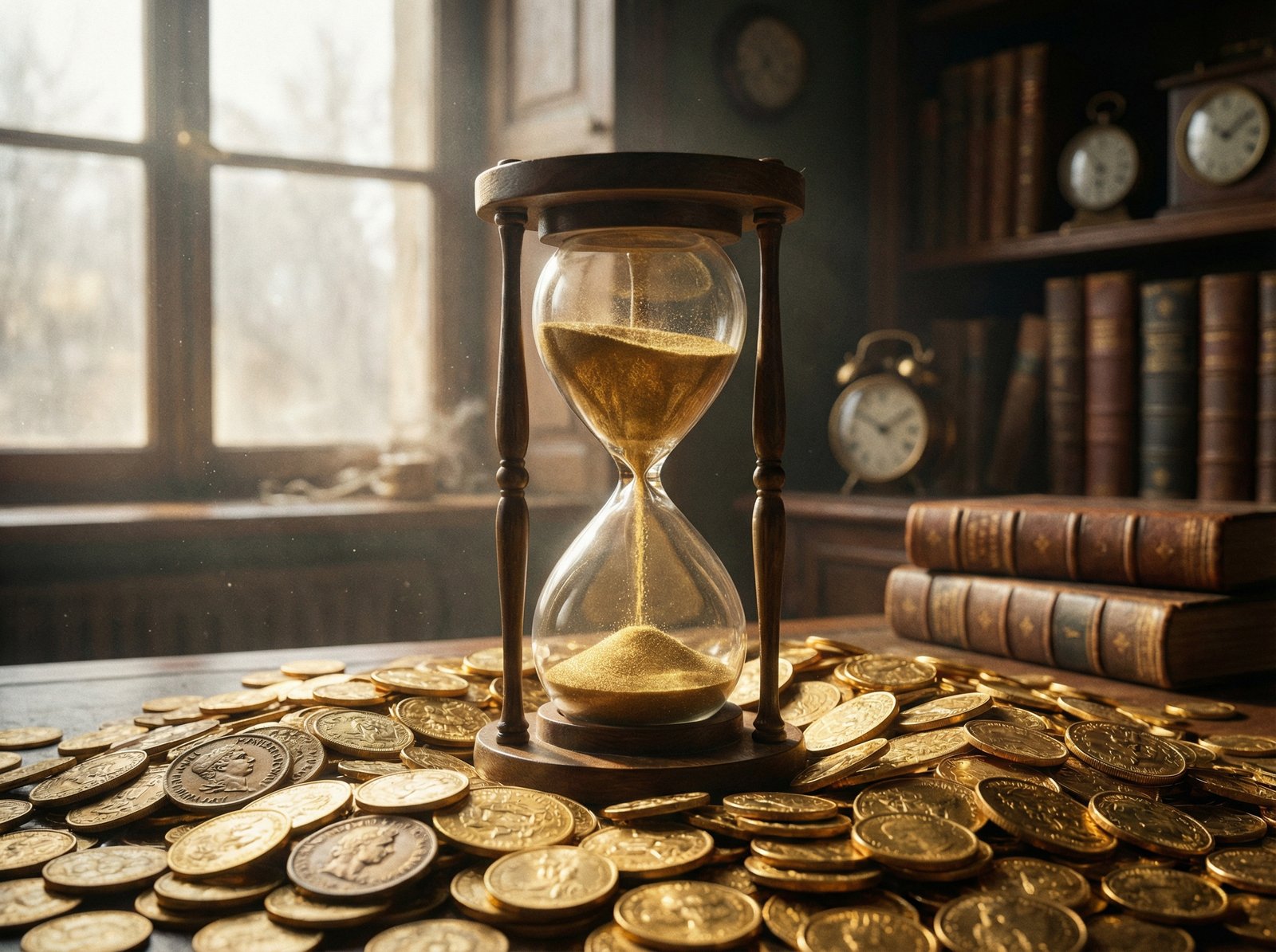 A cinematic image of an hourglass filled with gold dust instead of sand, sitting on a pile of coins, representing the passage of time and wealth accumulation, 4:3 aspect ratio, no text