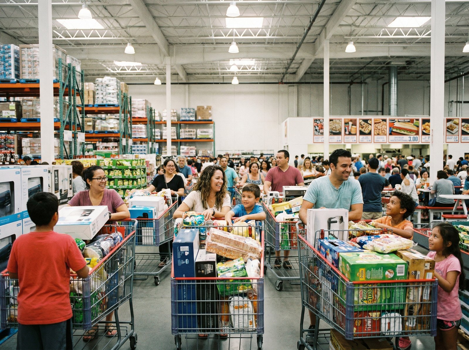 A busy Costco wholesale warehouse interior with diverse shoppers filling large carts with various goods. The atmosphere is bright and energetic, showing a successful retail environment. High quality, realistic lifestyle photography style, 4:3 aspect ratio, no visible text.
