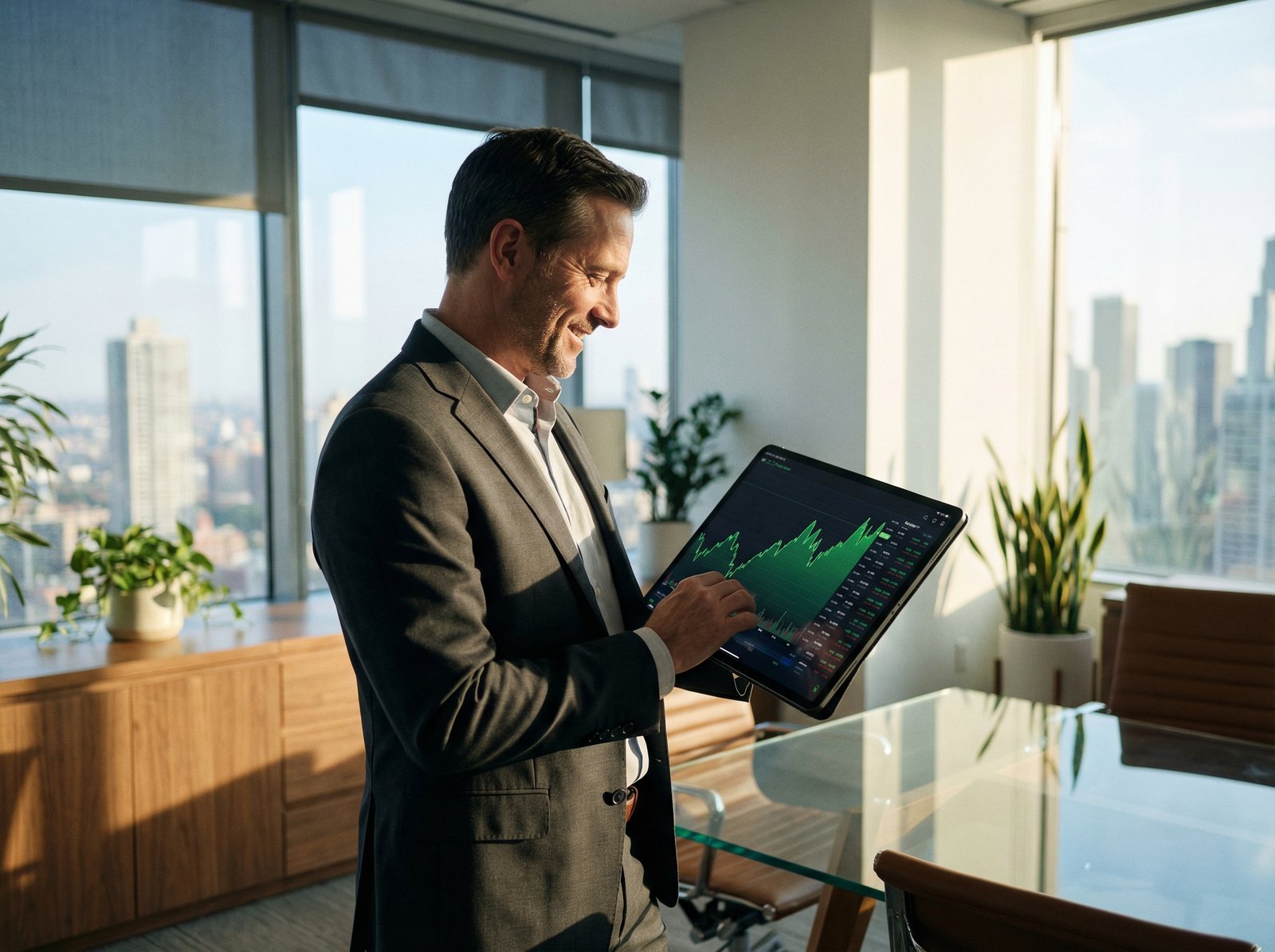 A professional male financial analyst looking at a digital tablet displaying an upward trending stock chart in a modern office. Soft morning light, professional atmosphere, realistic photography, 4:3 aspect ratio, no visible text.