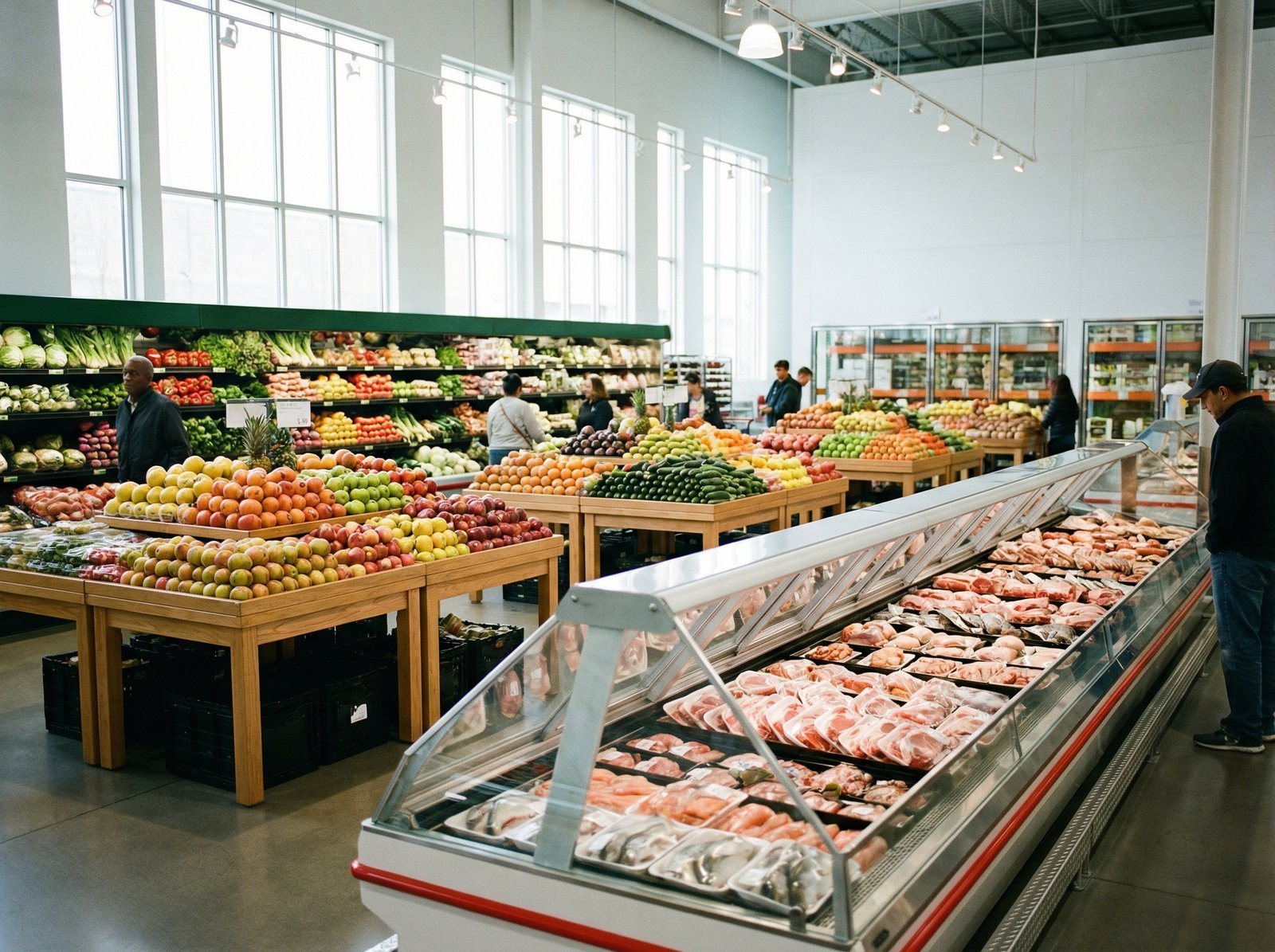 A vibrant and clean fresh food section in a large wholesale store, showcasing high-quality fruits, vegetables, and meat products. Bright lighting, appetizing display, high-end commercial photography style, 4:3 aspect ratio, no visible text.