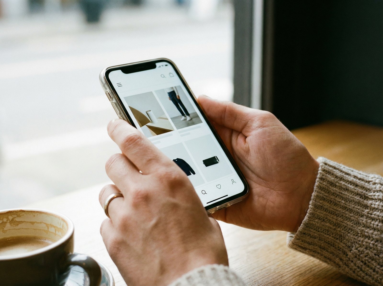 Close up of a person's hands holding a modern smartphone in a bright cafe, looking at a retail shopping app with a clean interface. Soft natural lighting, realistic and cozy atmosphere, 4:3 aspect ratio, no visible text.