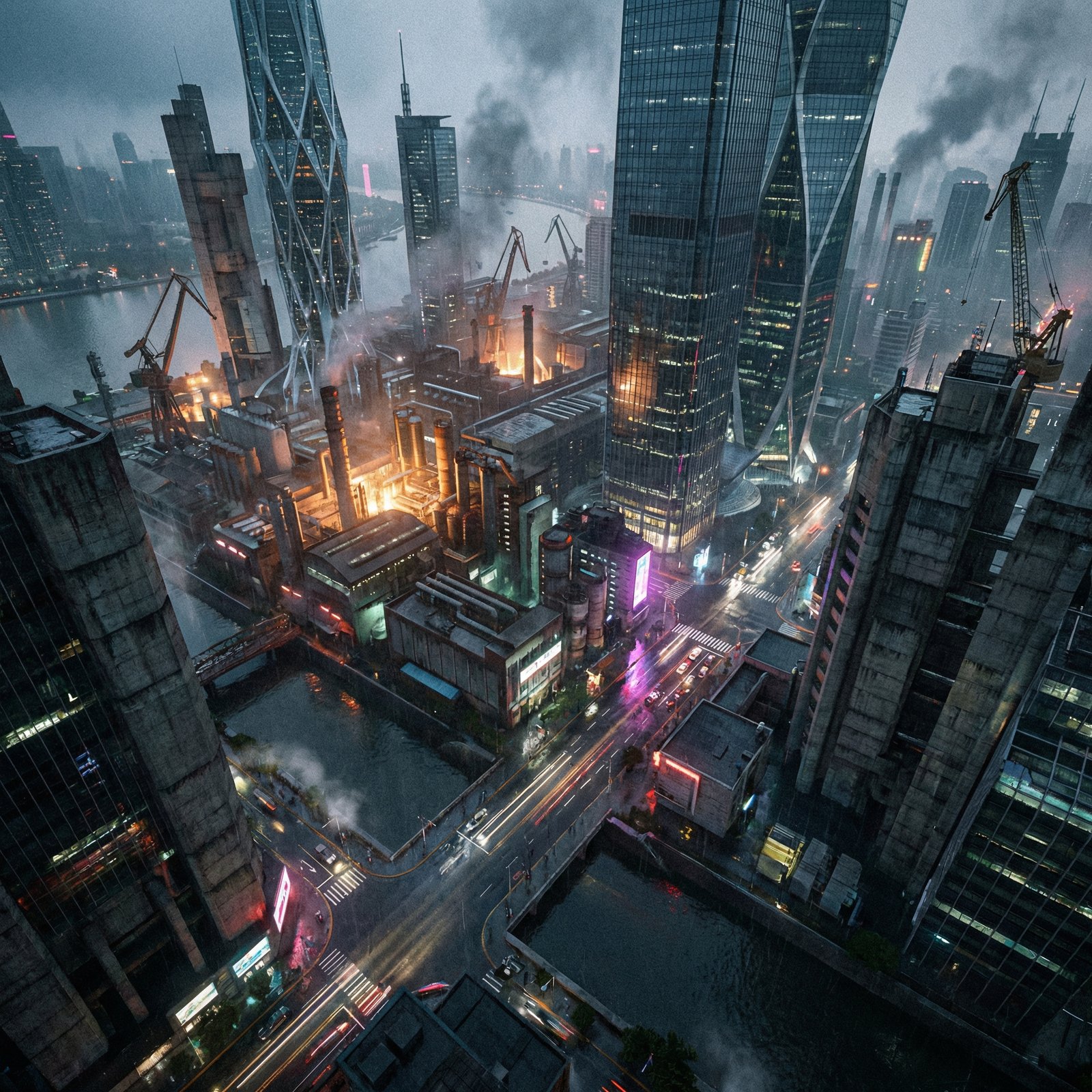 A dramatic bird's eye view of a modern industrial district in Shanghai mixed with futuristic skyscrapers, high contrast, evening atmospheric lighting, 1:1 aspect ratio, no text