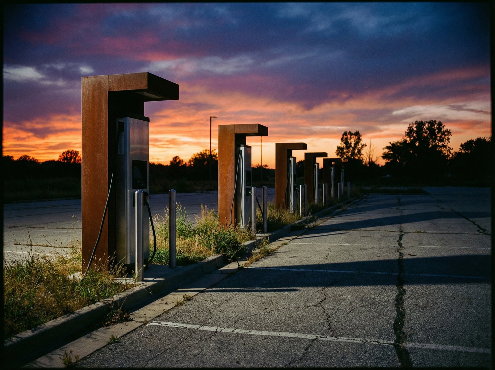 A row of modern electric vehicle charging stations standing empty in a quiet parking lot, sunset lighting, moody atmosphere, 4:3 aspect ratio, no text