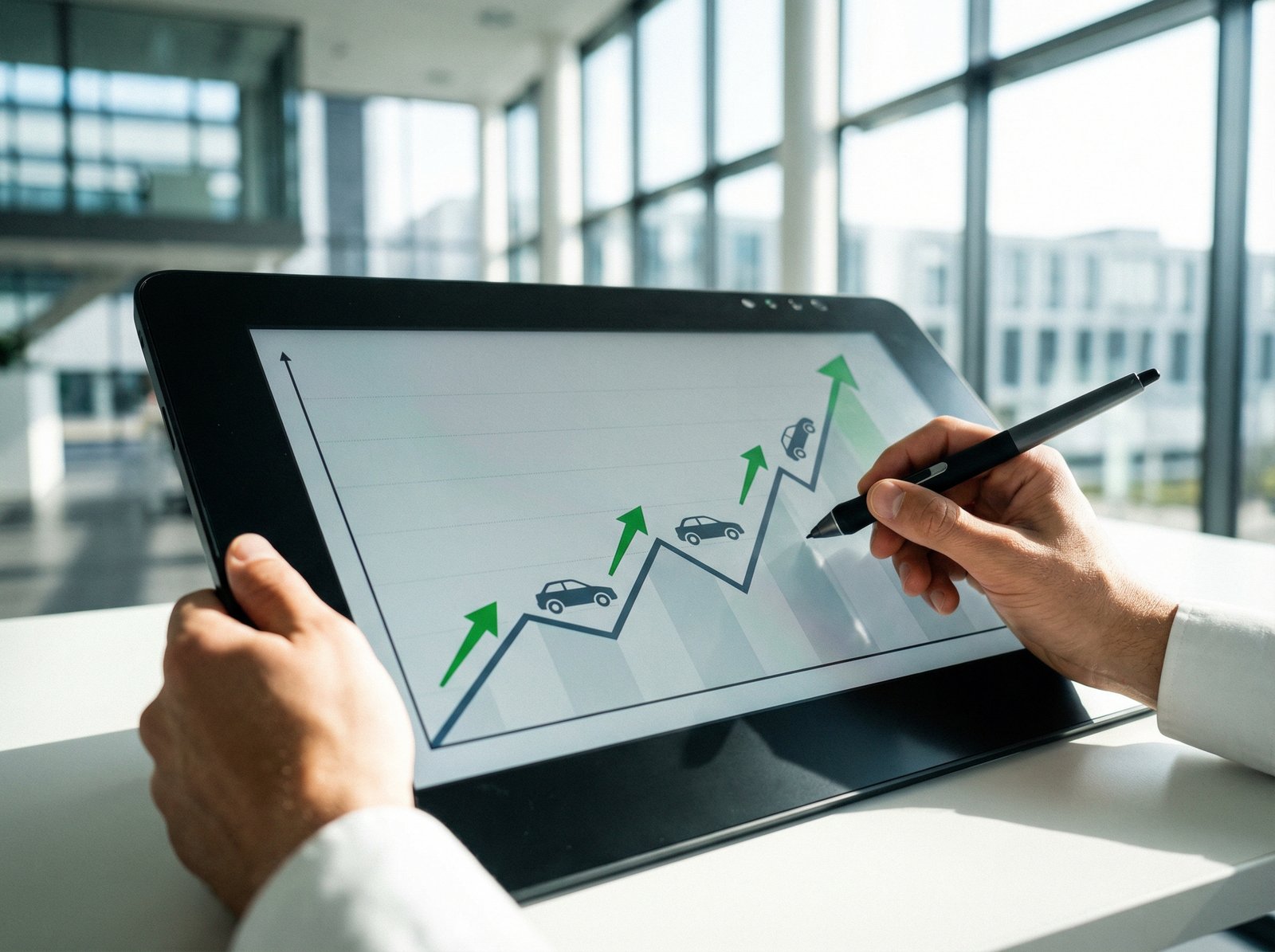 A professional digital tablet screen displaying a rising stock market graph for an automotive company, focused hands, clean corporate background, 4:3 aspect ratio, no text