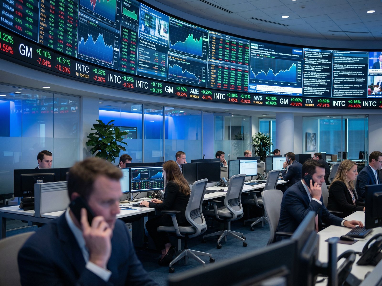 A professional financial trading room with large digital screens displaying stock market tickers and charts. The screen shows symbols like GM and INTC with green and red percentage changes. Modern office setting, high-tech atmosphere, realistic photography, 4:3 aspect ratio, no text.