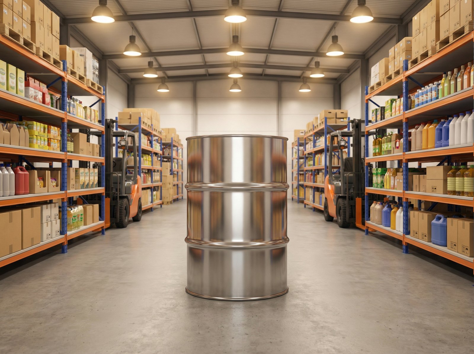 A clean and organized industrial warehouse with shelves of consumer packaged goods. Soft professional lighting, focus on a metallic canister similar to industrial lubricants, realistic photography style, 4:3 aspect ratio, no text.