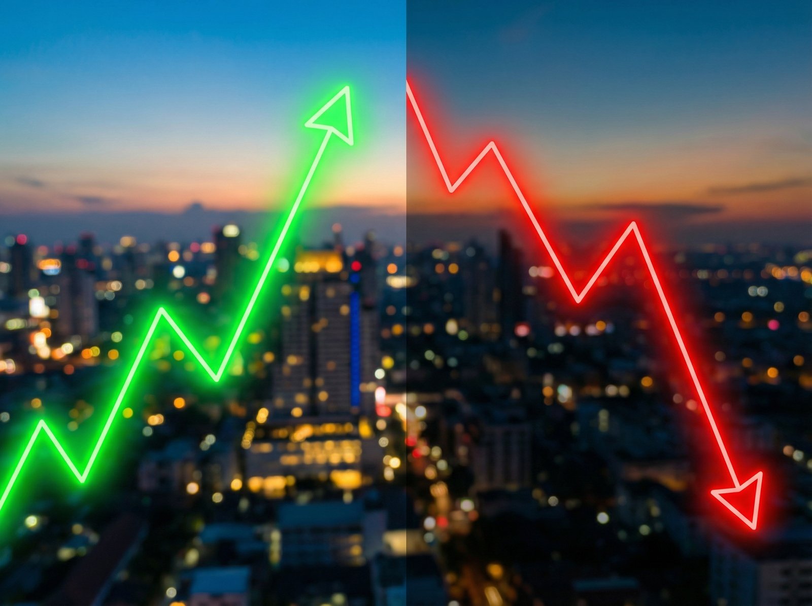 A conceptual illustration of financial growth and decline. A split screen with a green upward trending line on one side and a red downward trending line on the other, overlaying a blurred cityscape at dusk. High contrast, modern aesthetic, 4:3 aspect ratio, no text.