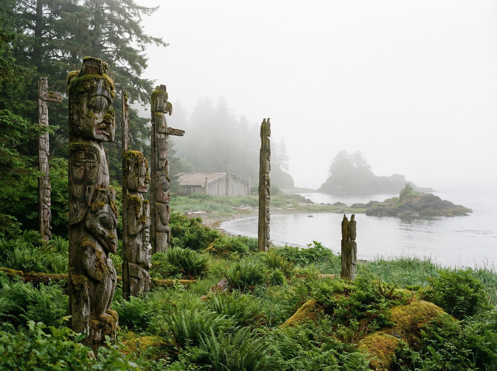 A serene landscape of SGang Gwaay in Canada showing ancient weathered Haida totem poles standing along the coastline of a lush green island, misty atmosphere, artistic rendering, 4:3