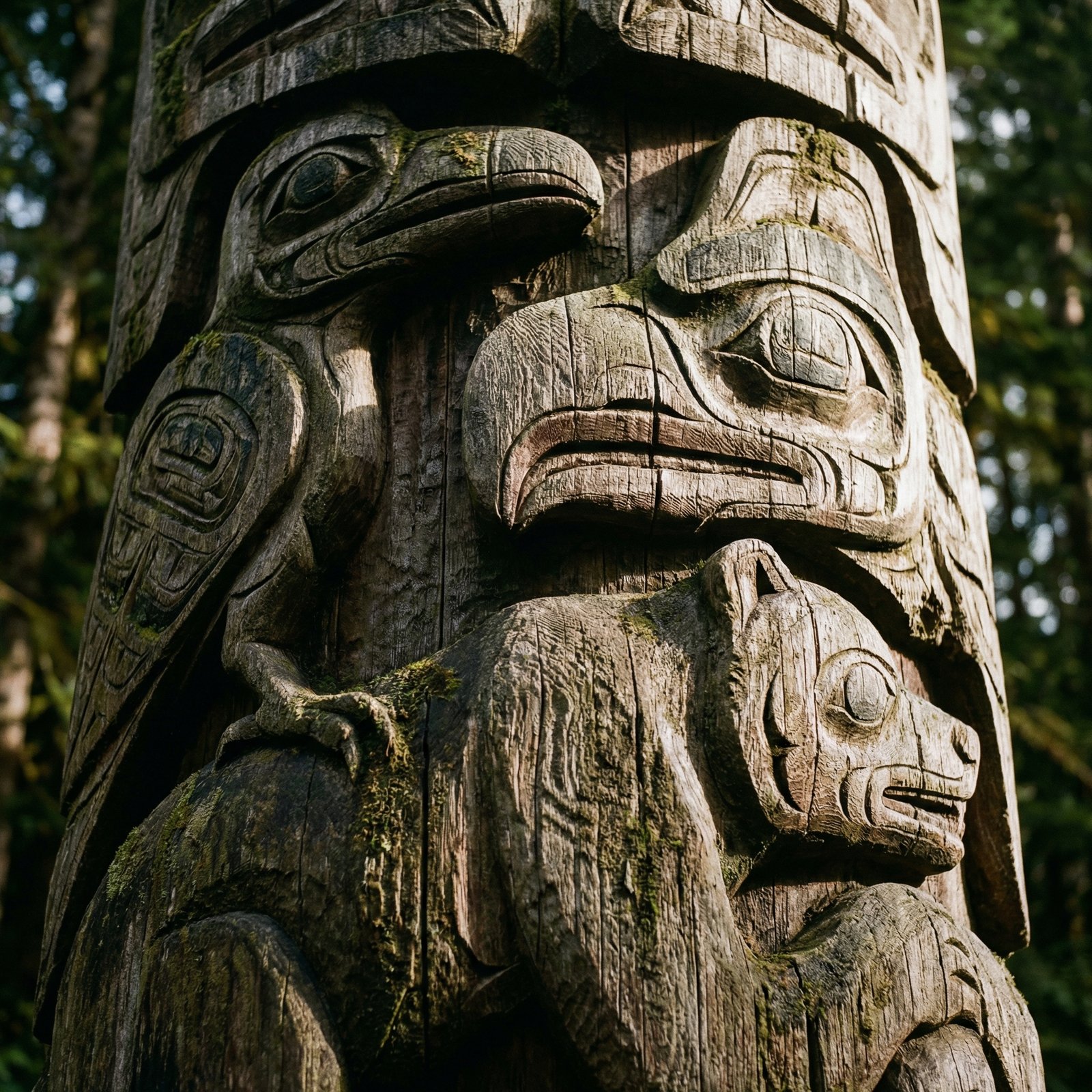 Close-up shot of an ancient Haida totem pole with intricate carvings of mythical creatures, weathered wood texture, soft natural lighting, high contrast, 1:1