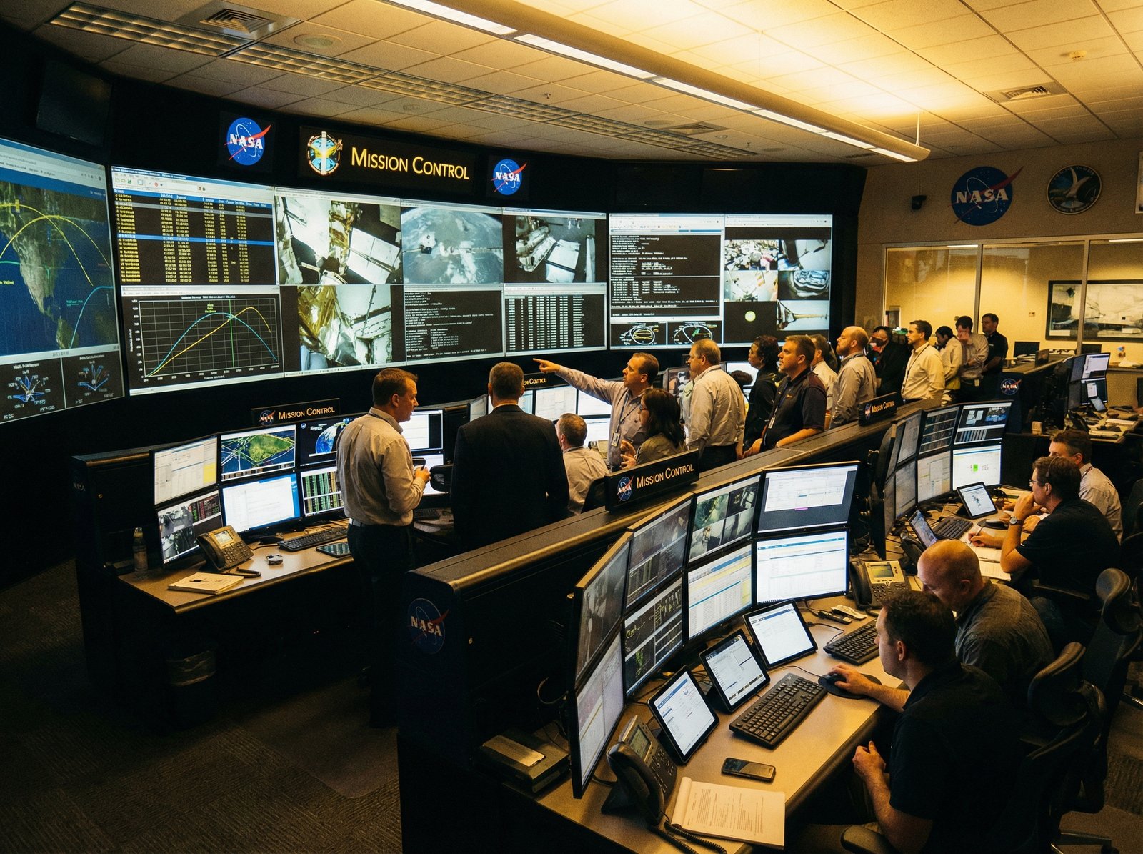 NASA mission control room with engineers looking at screens and discussing seriously, modern technology, high contrast, warm indoor lighting, 4:3