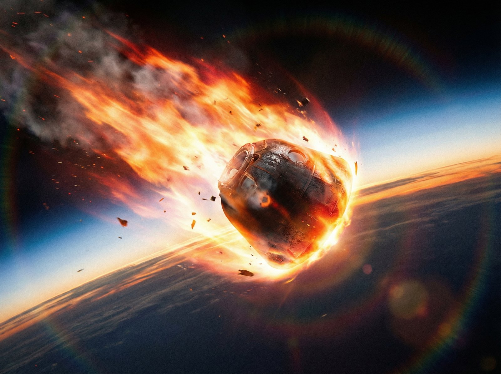 A space capsule re-entering Earth's atmosphere with a fiery glow, dramatic cinematic style, realistic perspective, 4:3