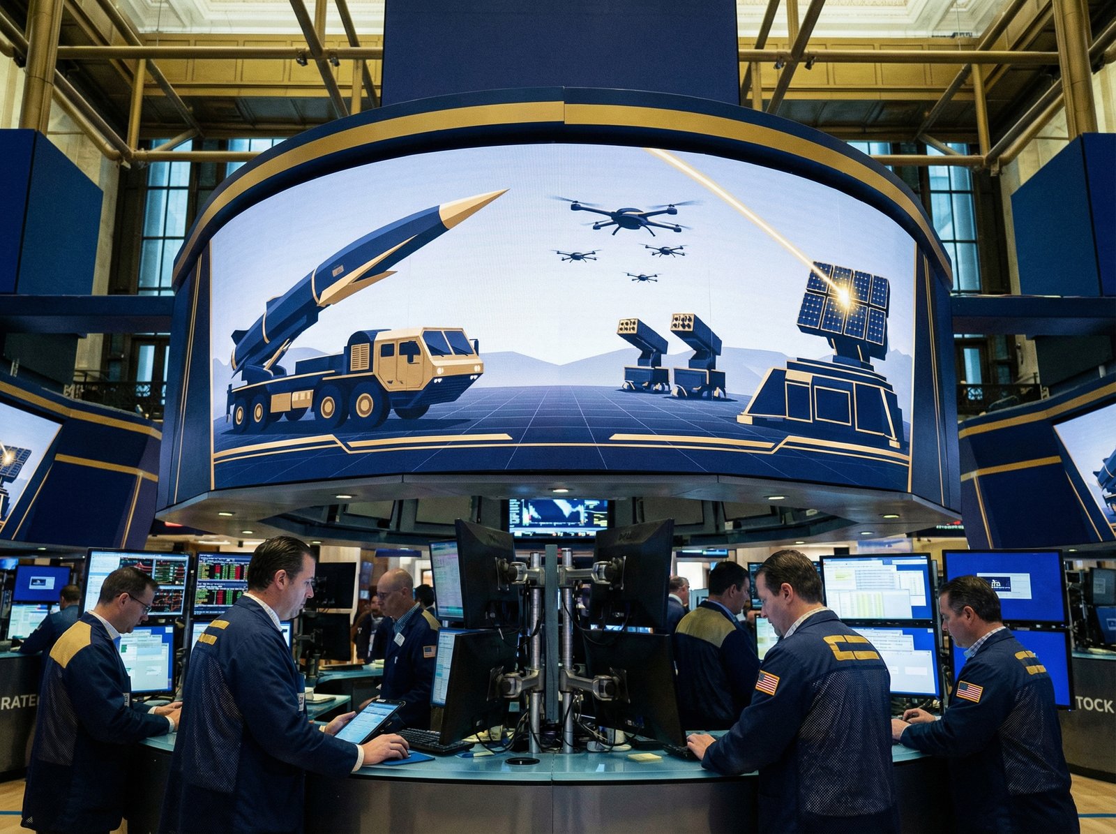 High-tech military defense equipment displayed on a digital screen, professional stock market trading floor background, navy blue and gold accents, 4:3, no text, realistic photography style.