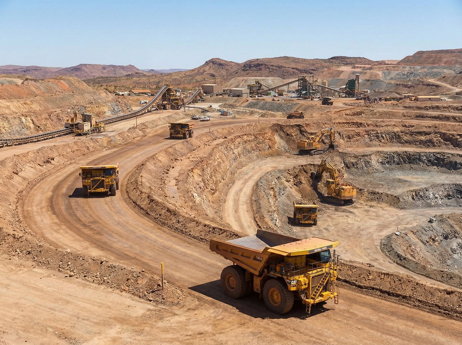 Massive open-pit mining site with giant yellow haul trucks and excavators, industrial landscape, bright daylight, realistic texture, 4:3, no text, cinematic composition.