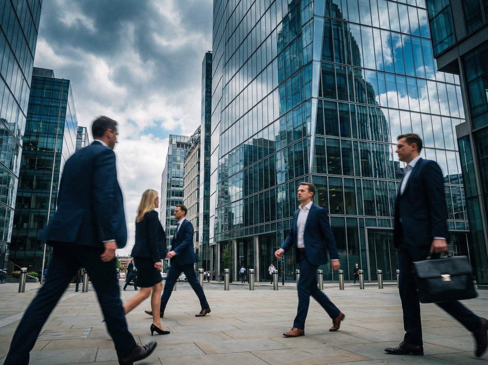Business people walking through a modern financial district with glass buildings reflecting the sky, dynamic motion blur, sophisticated atmosphere, 4:3, no text, high-end photography.