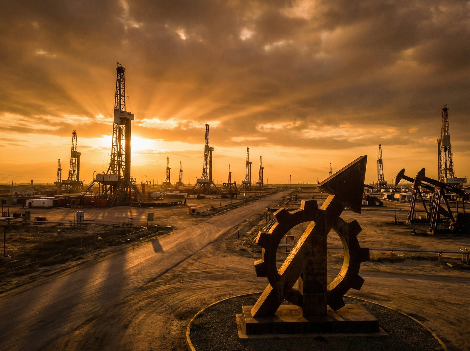 A dramatic sunrise over a vast Venezuelan oil field with modern oil rigs and a golden sky, symbolizing economic revival and hope, realistic cinematic lighting, high contrast, 4:3 aspect ratio, no text