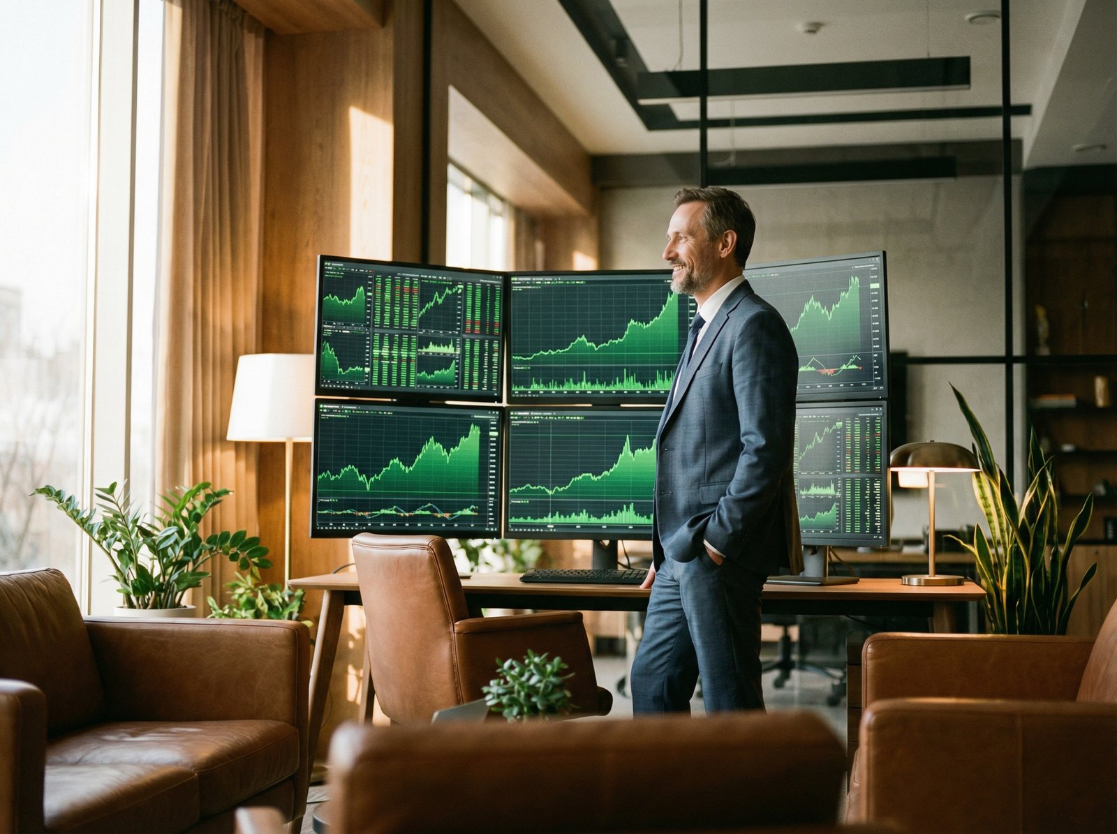 A professional investor in a modern office looking at financial charts on multiple screens showing green upward trends, professional atmosphere, warm lighting, 4:3 aspect ratio, no text