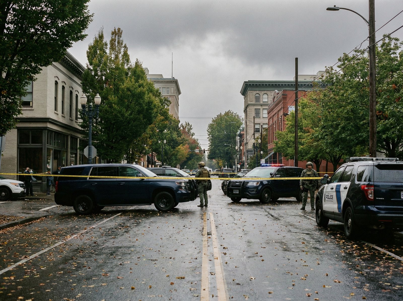 A realistic photography of a street in Portland, Oregon, with federal law enforcement vehicles and yellow police tape blocking a road. The atmosphere is tense and overcast with soft daylight. No visible text, aspect ratio 4:3.