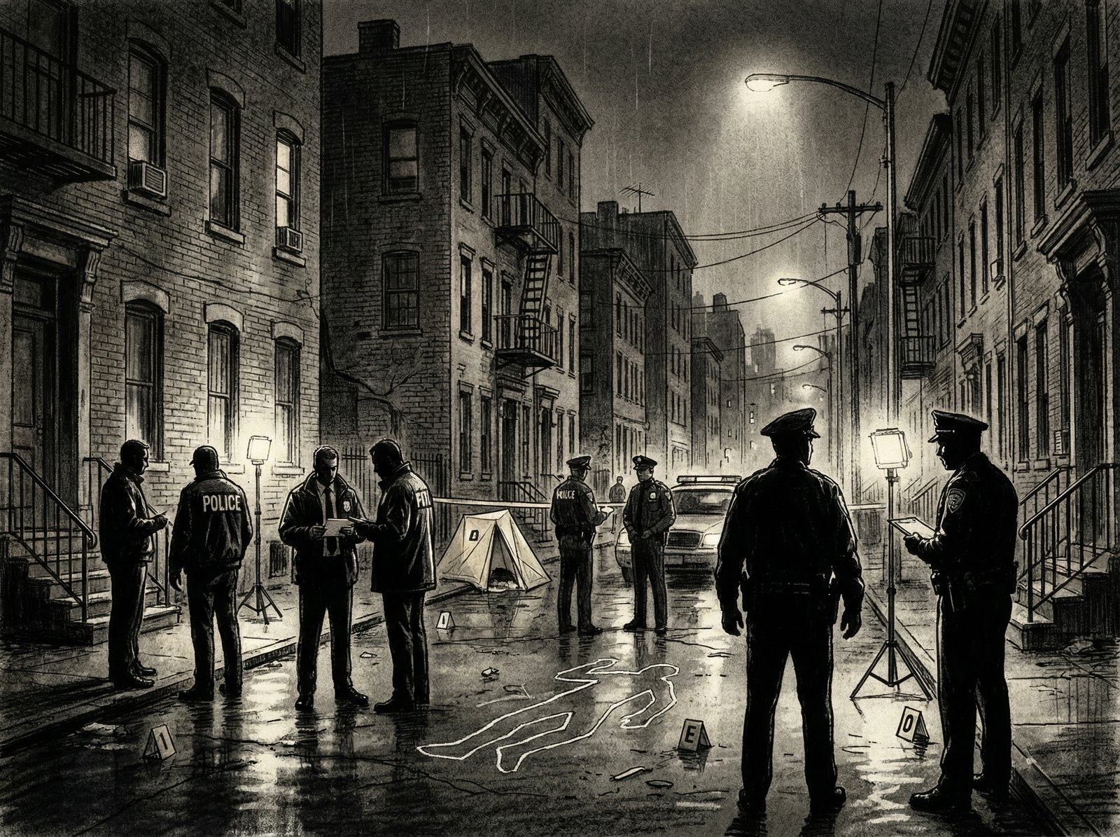 An artistic illustration of a crime scene investigation in an urban neighborhood. Federal agents and local police gathered under dim streetlights. Textured background, high contrast, professional mood. No visible text, aspect ratio 4:3.
