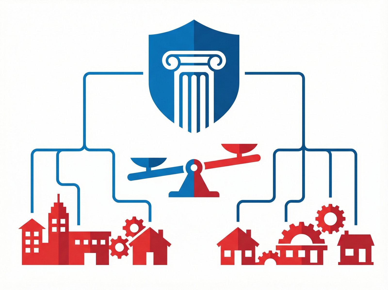 A modern layout showing a symbolic representation of federal authority versus local governance. High contrast, clean infographic style with a blue and red color palette. No visible text, aspect ratio 4:3.