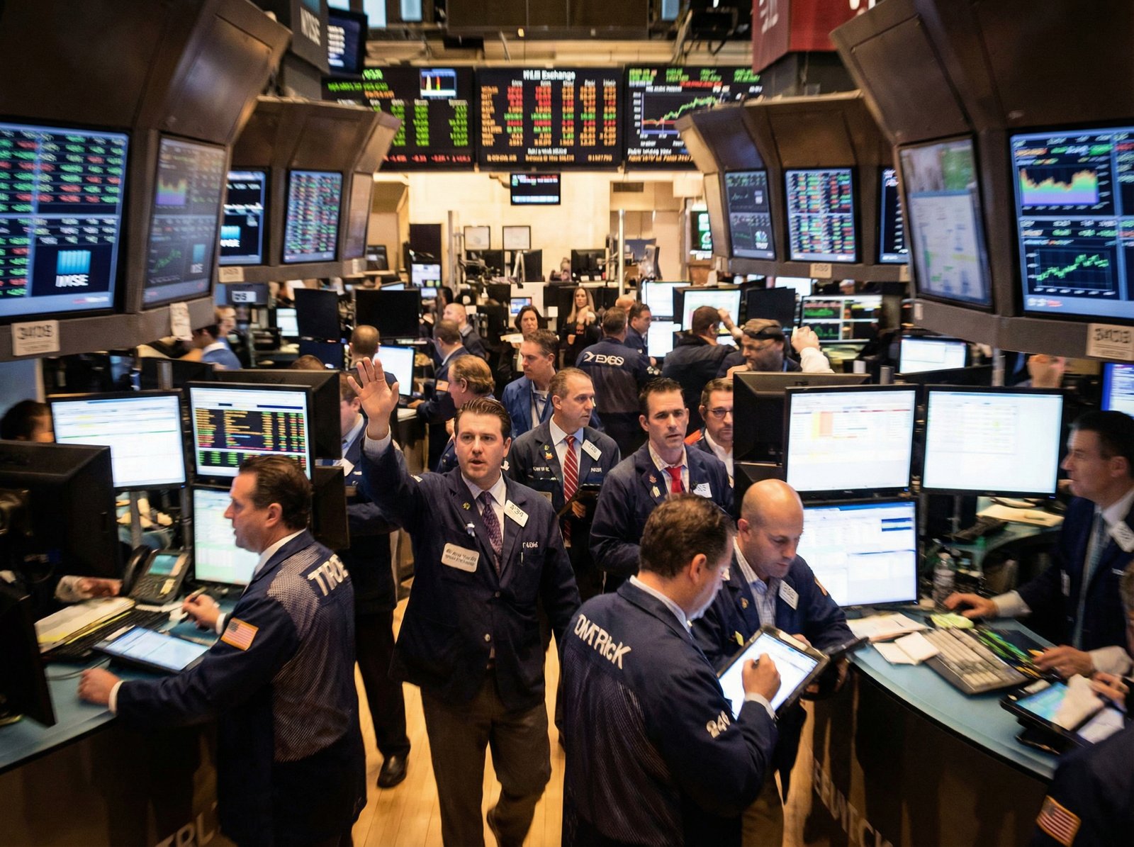 The floor of the New York Stock Exchange with traders working at their stations, busy financial atmosphere, digital displays with stock prices, high-quality photography, 4:3 aspect ratio, no visible text