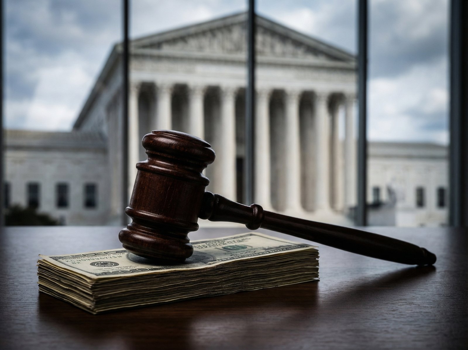 A wooden gavel resting on a stack of US dollar bills with a blurred classical court building in the background, high contrast, professional lighting, 4:3 aspect ratio, no visible text