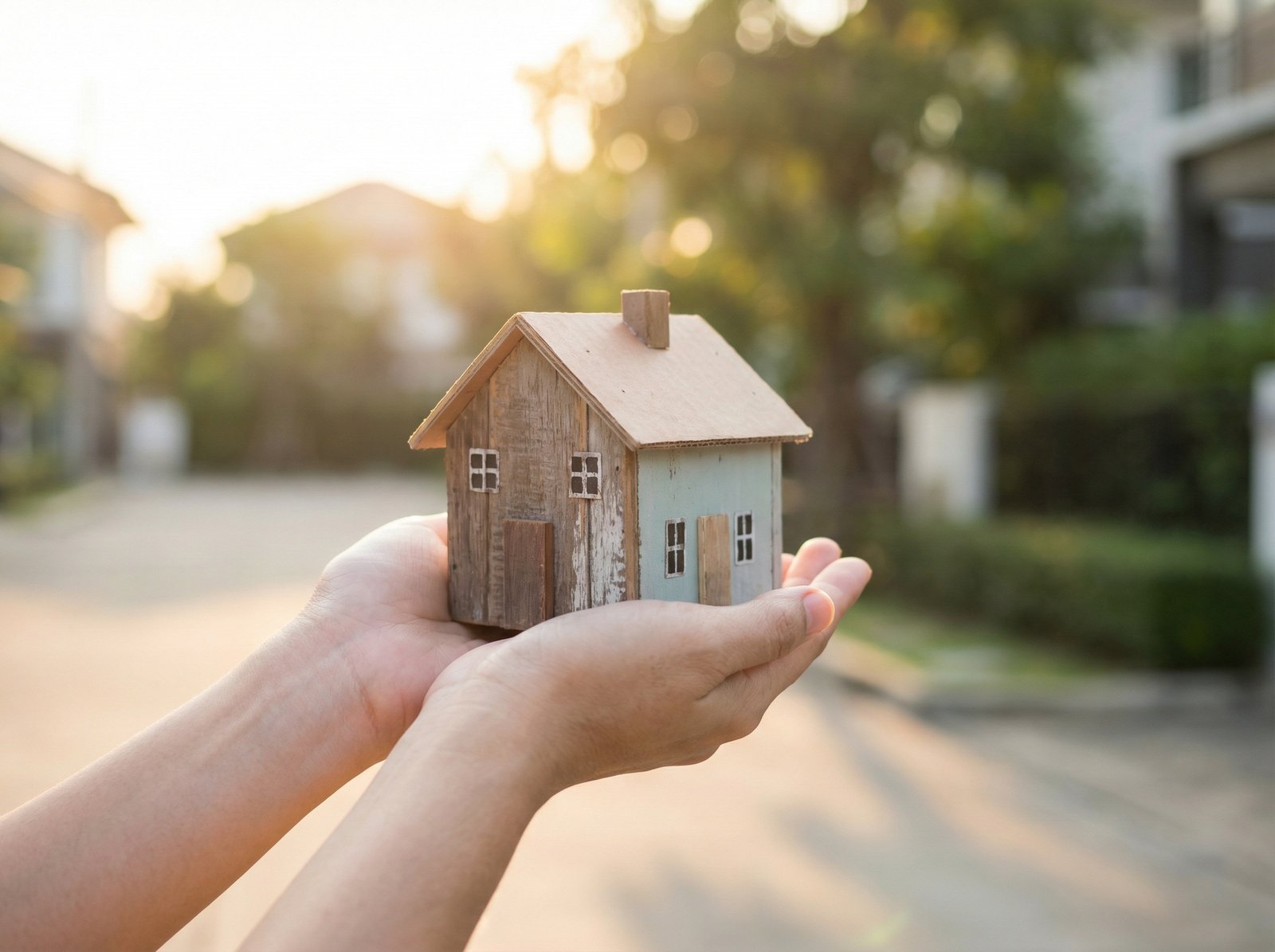 A miniature model house being held by hands with a blurred residential neighborhood in the background, warm sunlight, lifestyle photography, 4:3 aspect ratio, no visible text