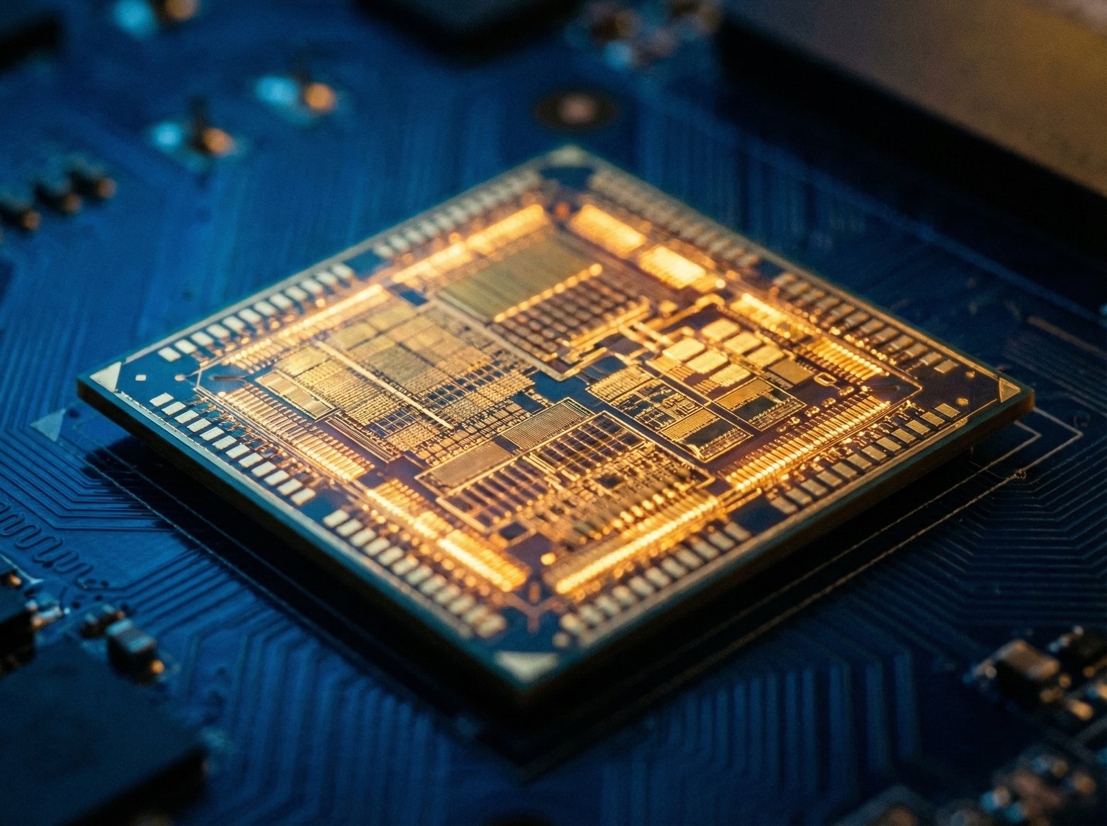 A close up shot of a sophisticated glowing gold semiconductor chip on a blue circuit board, cinematic lighting, 4:3 aspect ratio, no visible text